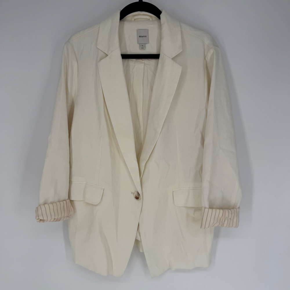 ANTHROPOLOGIE MAEVE LINEN BLEND BLAZER OFF-WHITE MEDIUM BUSINESS OFFICE WORKWEAR - Picture 1 of 13